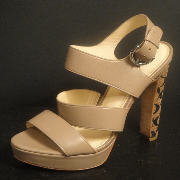 Coach Bertta Vachetta Platform Strappy Tan Leather Logo Heels 7.5 M - Picture 2 of 7